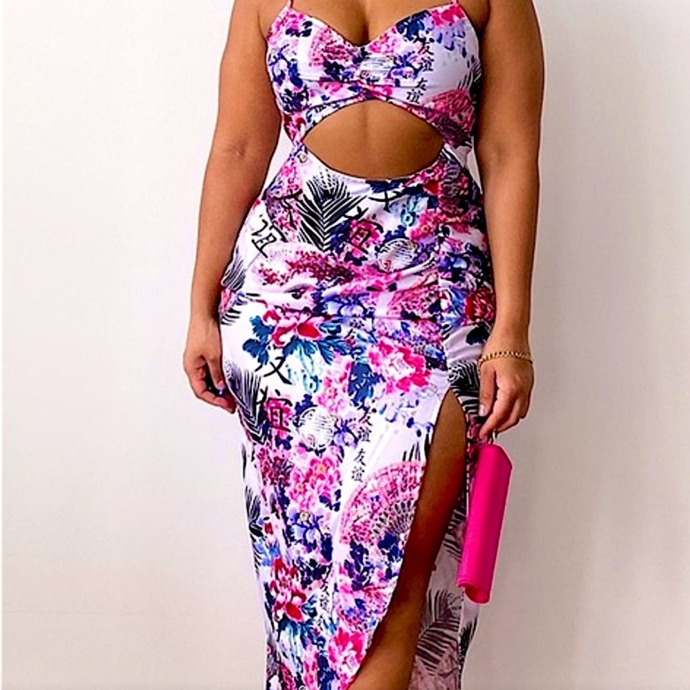 Pretty little Pink oriental print satin cut out midaxi